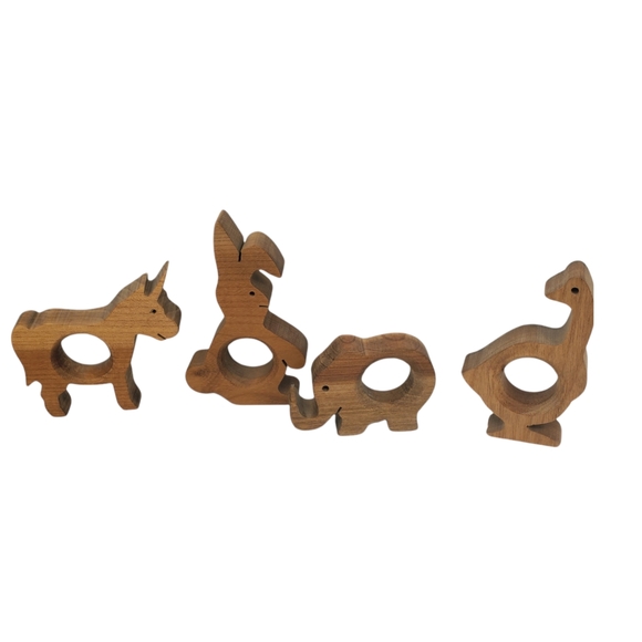 Vintage Wooden Homemade Set Of 4 Napkin Rings Woodland Creatures Bunny Duck - Picture 2 of 4